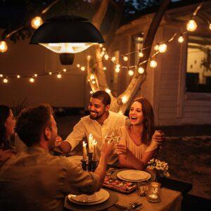 People dining outdoors with string lights.