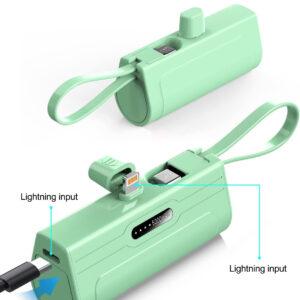 Green portable 5000mAh power bank with Lightning input