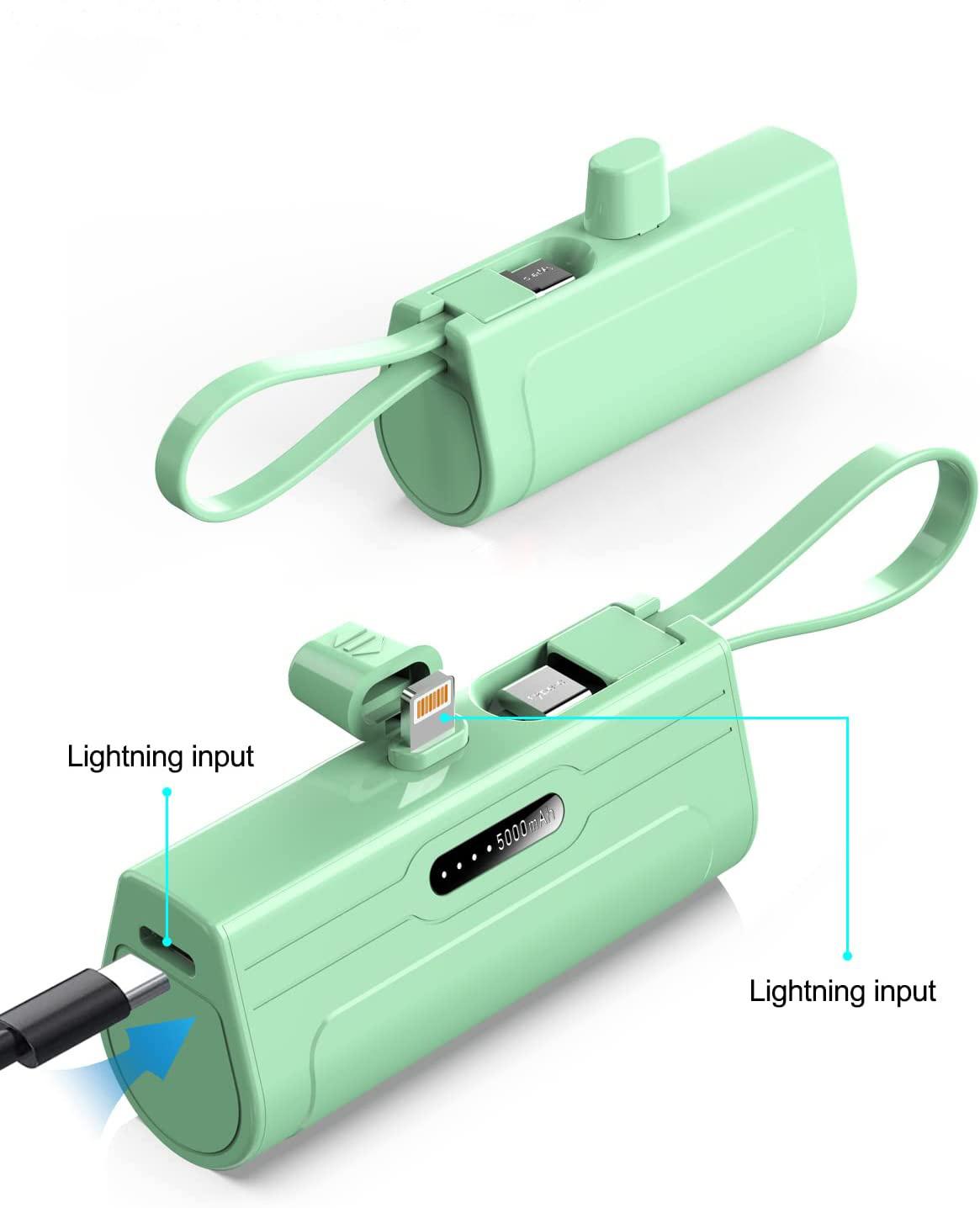 Green portable 5000mAh power bank with Lightning input
