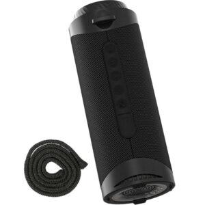 Black portable Bluetooth speaker with wrist strap