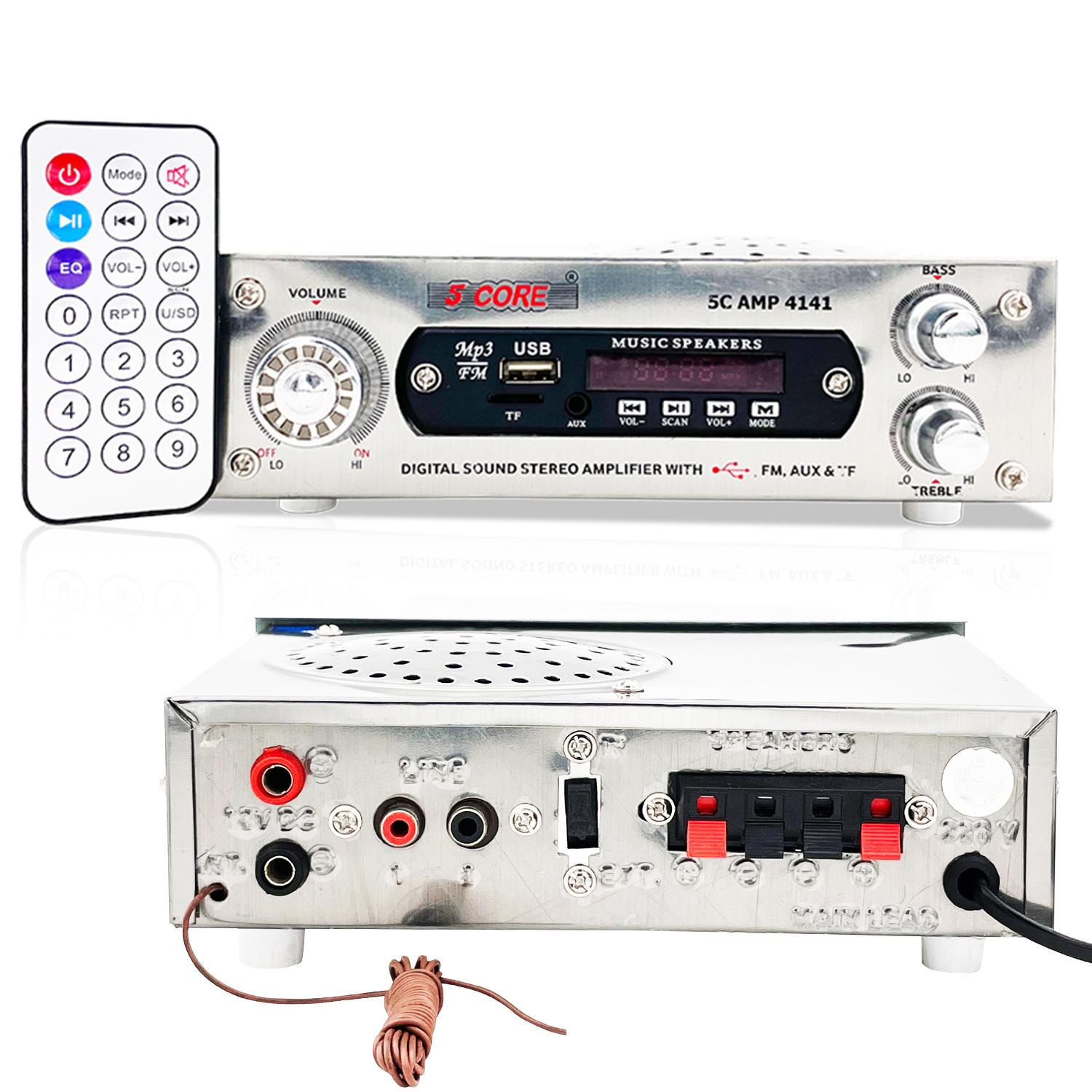 Stereo amplifier with remote control and various inputs.