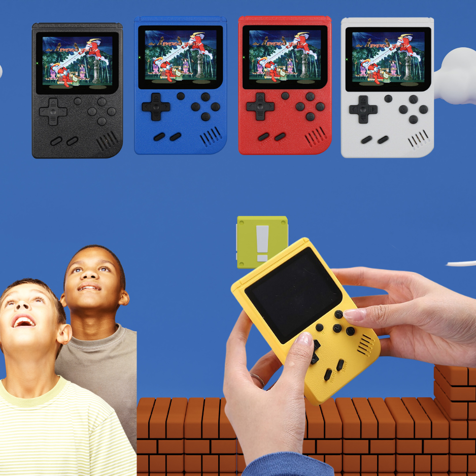 Kids admiring colorful handheld gaming consoles.