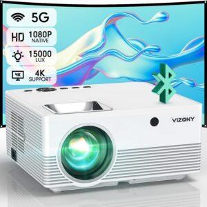 Modern white VIZONY 1080p projector with colorful light swirl