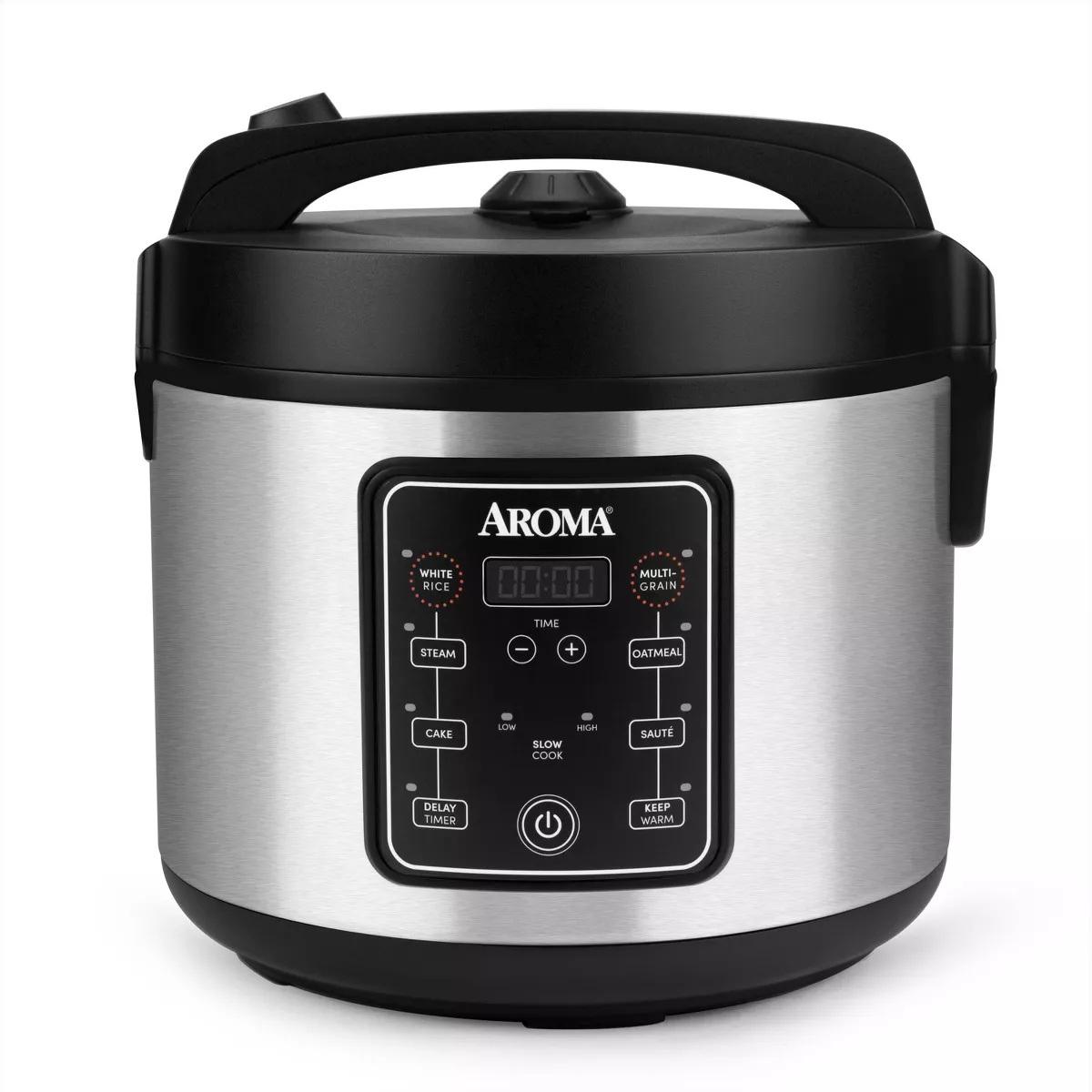 Aroma rice cooker with digital controls.