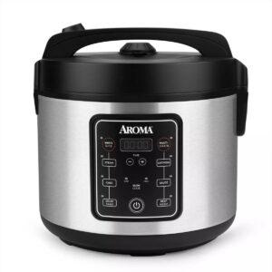 Aroma stainless steel multi-cooker with digital controls.