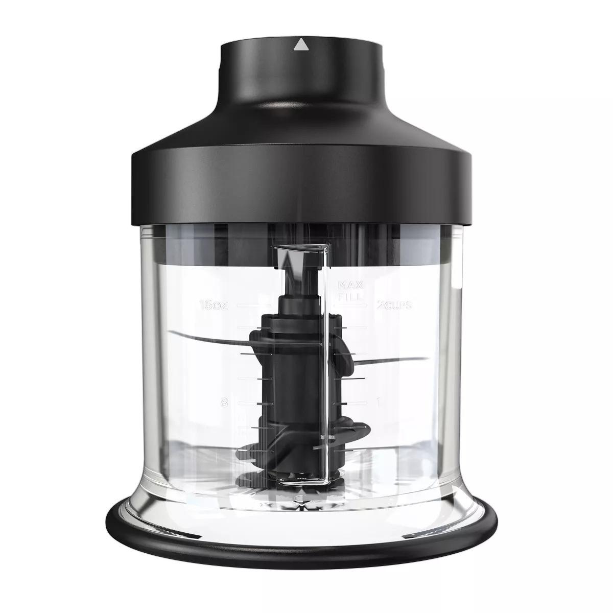 Black and clear food processor blender container.
