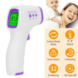Infrared thermometer displaying temperature with features icons