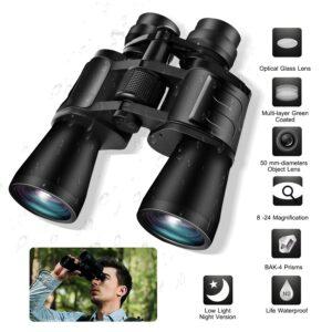 Waterproof binoculars with 8-24x magnification and night vision.
