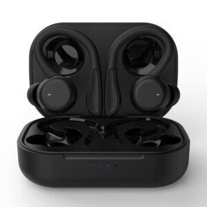 Black wireless earbuds in charging case