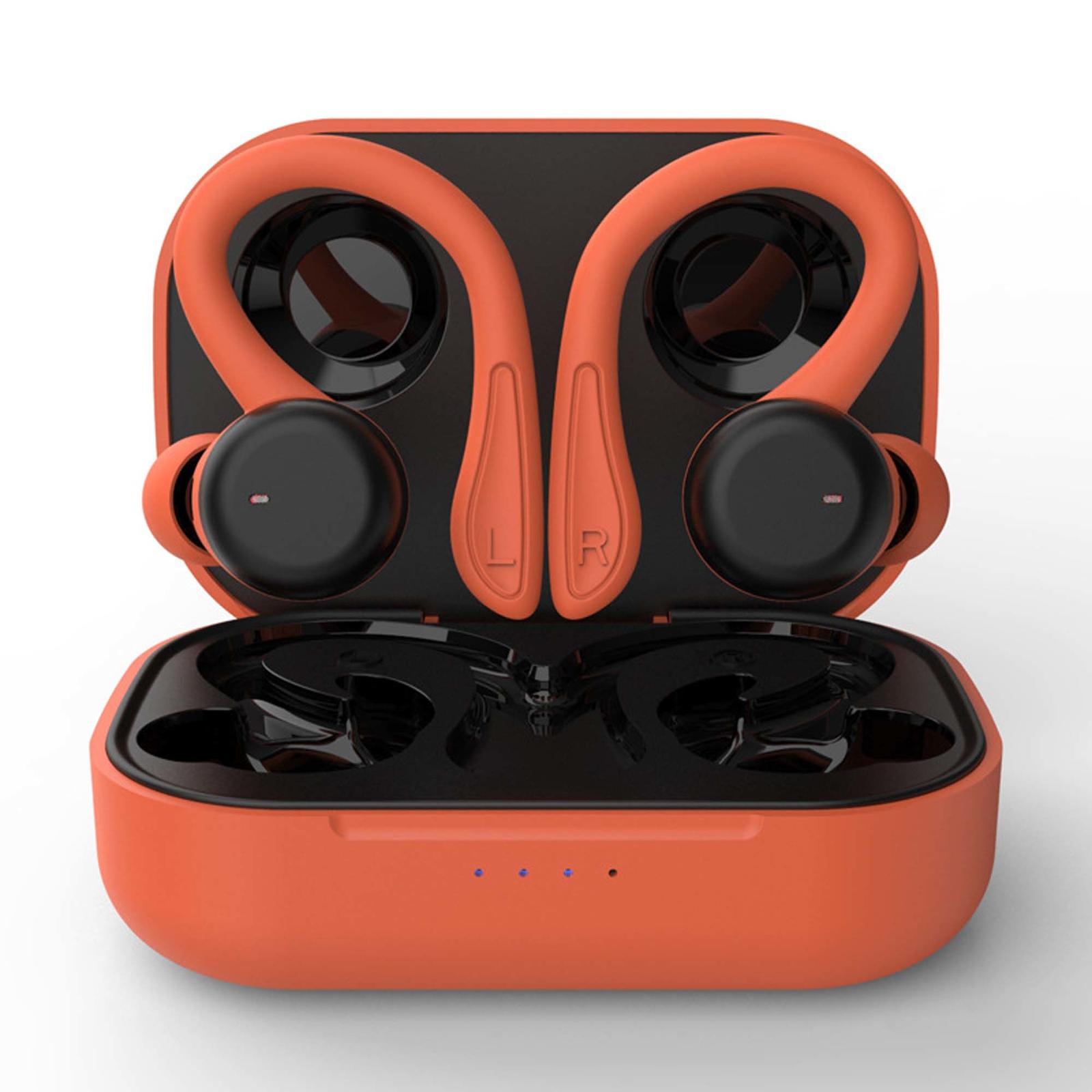 Orange wireless earbuds with charging case