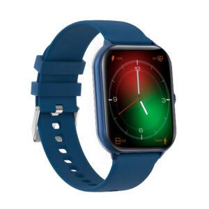 Blue smartwatch with green and red display