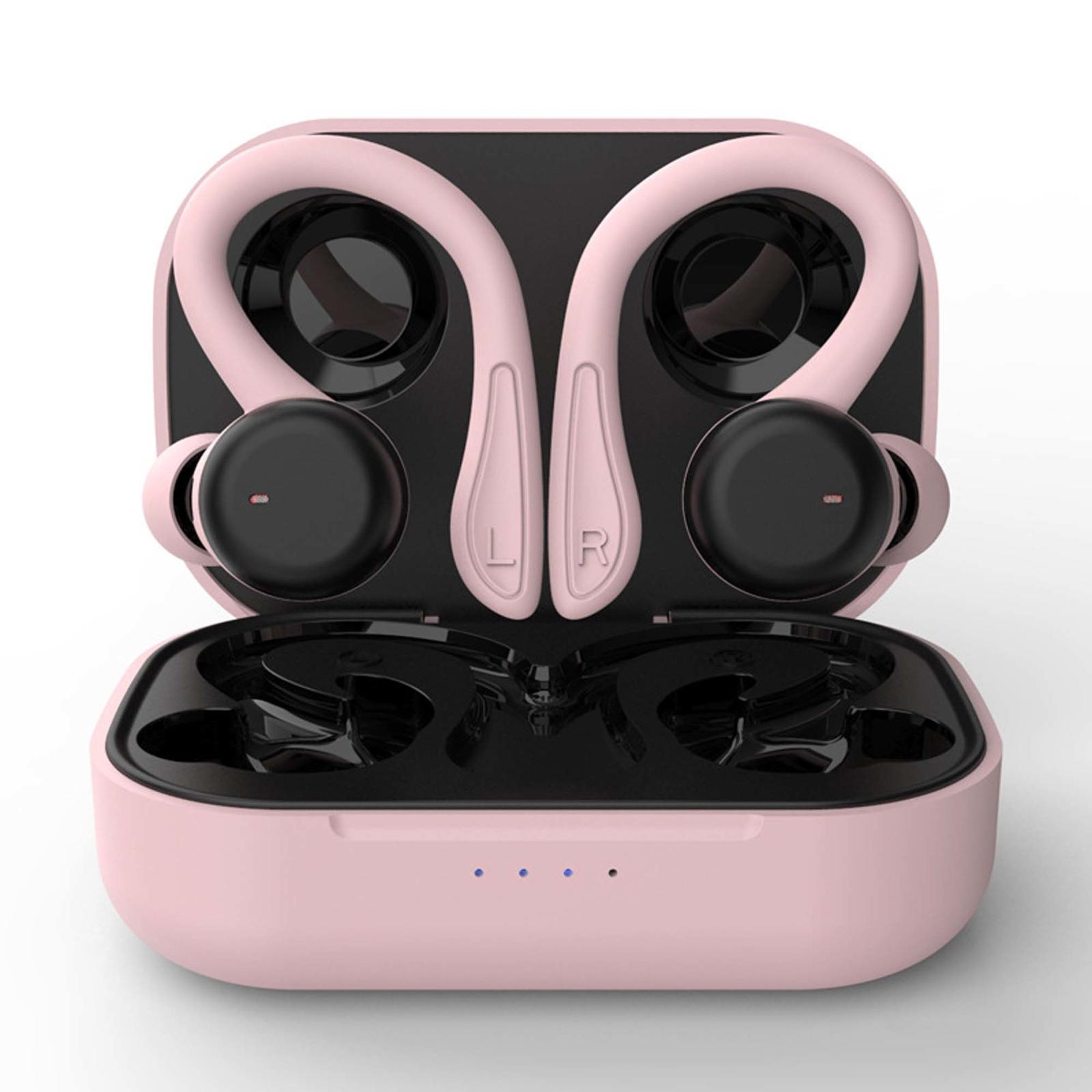 Pink wireless earbuds in charging case