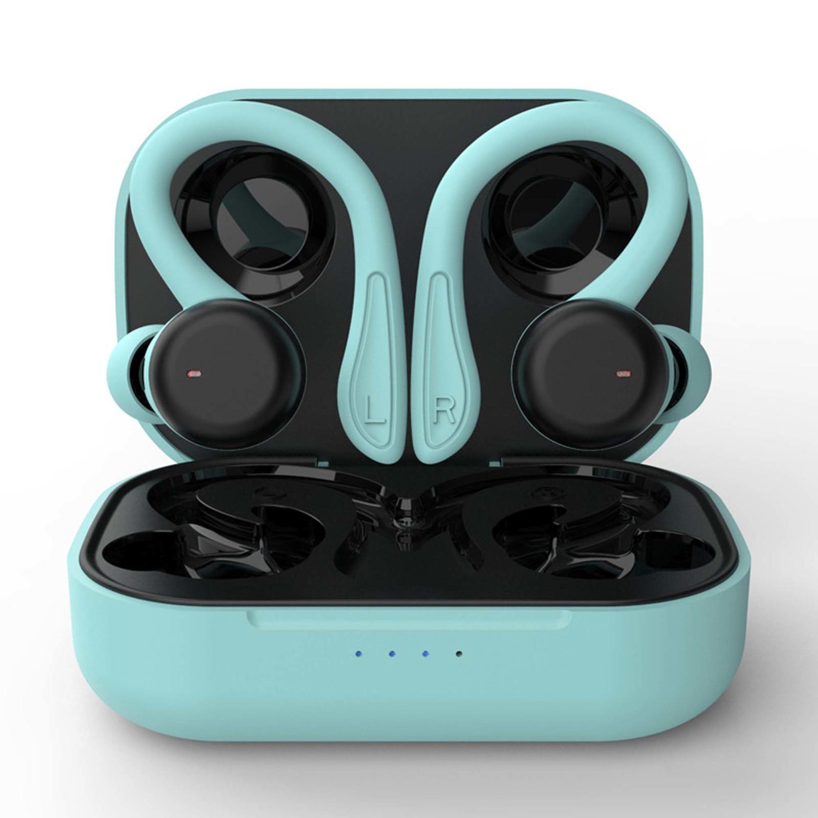 Blue wireless earbuds in charging case