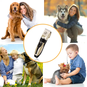 Pet grooming clipper with happy owners and pets