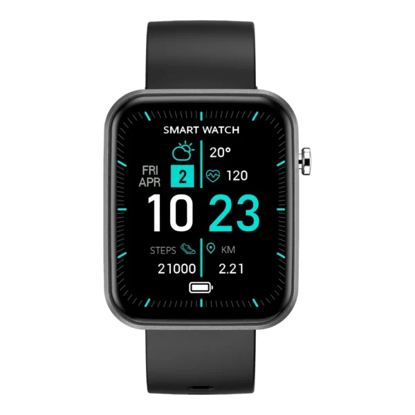 Smartwatch displaying time, date, weather, and fitness stats