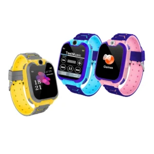 Colorful smartwatches displaying time, music, and games.