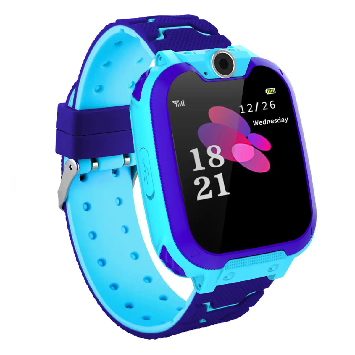 Blue smartwatch displaying date and time