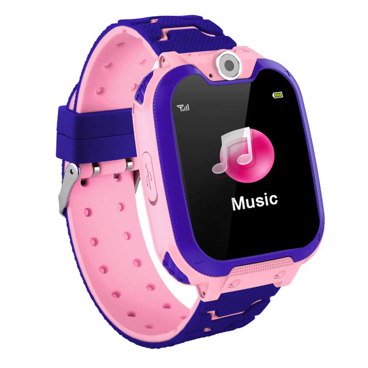 Kids smartwatch with music feature, pink and blue bands.