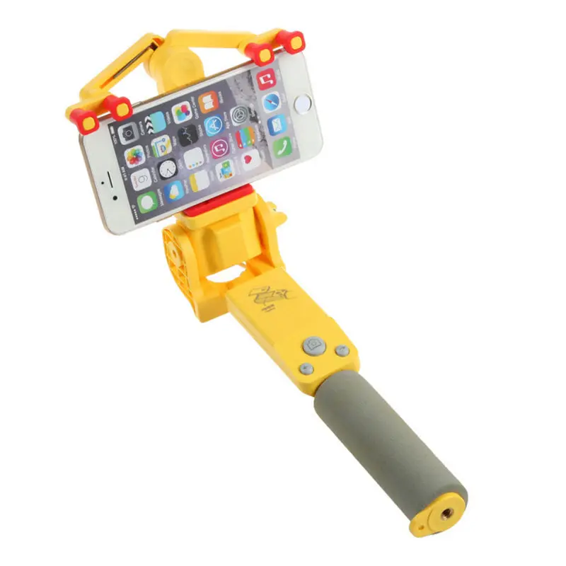 Yellow selfie stick with a mounted smartphone.