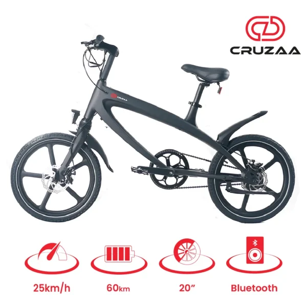 Official Carbon Black E-Bike - 60km Range, Bluetooth Speakers, Lightweight & Water-Resistant