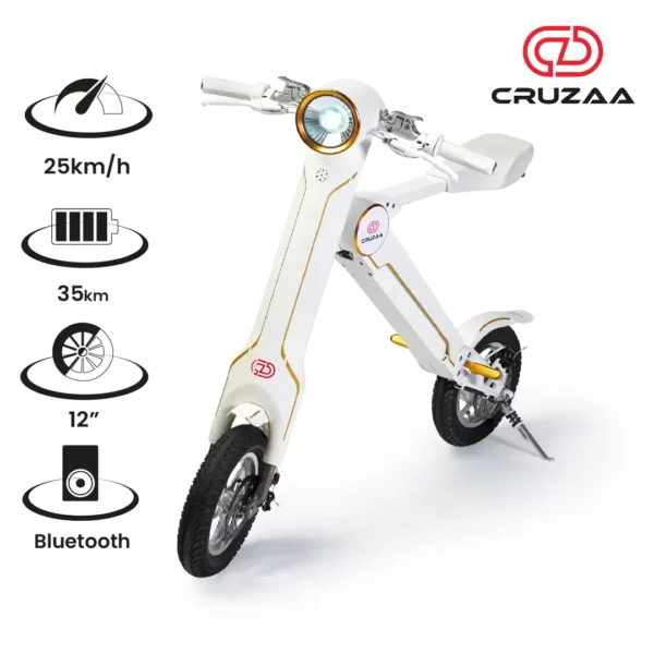 Cruzaa PRO Electric Scooter - 35km Range, 25km/h Top Speed, Bluetooth & Speakers, USB - Racing White