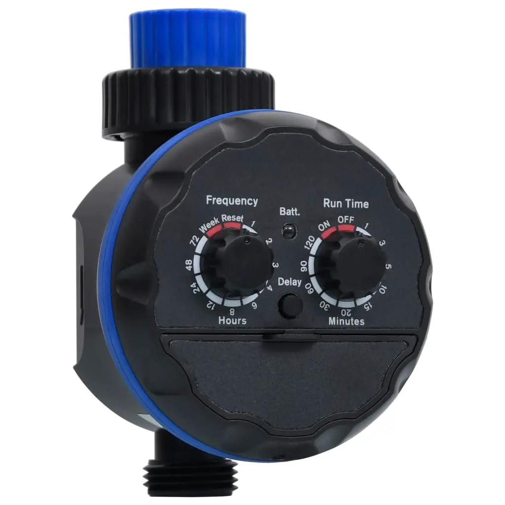 Irrigation timer with dials for frequency and run time.