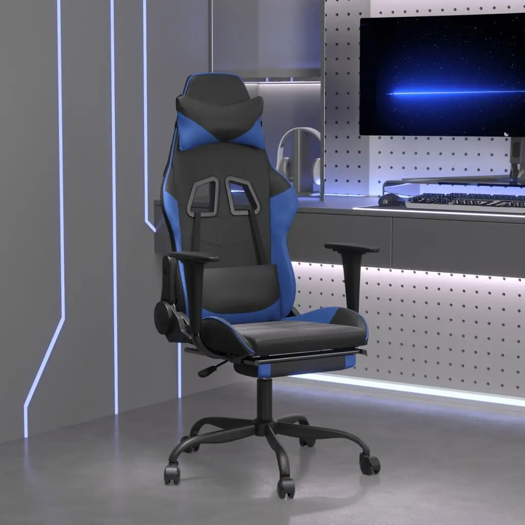 Blue and black gaming chair in a home office