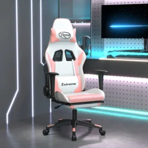 Ergonomic pink and white gaming chair in modern setup.