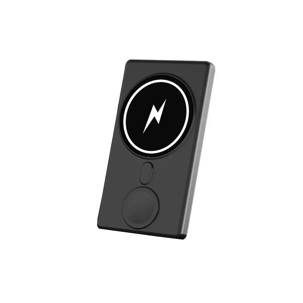 Black wireless charger with lightning symbol.