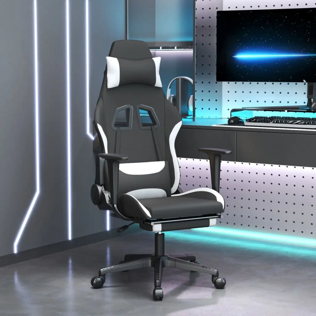 Black and white gaming chair with desk setup