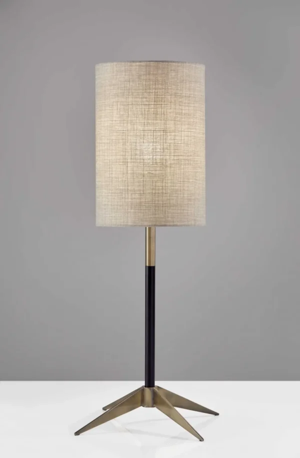 Elegant Antique Brass Table Lamp with Matte Black Accents and Natural Fabric Shade - Mid-Century Modern Design for Bedside or Living Room Decor