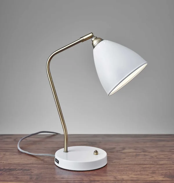 Adjustable White Metal & Antique Brass Desk Lamp with USB Port - Modern Mid-Century Industrial Style