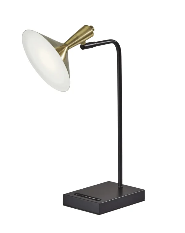 22" Black Metal LED Desk Lamp with USB Port and Antiqued Brass Shade - Adjustable Light Intensity and Color, Mid-Century Modern Design