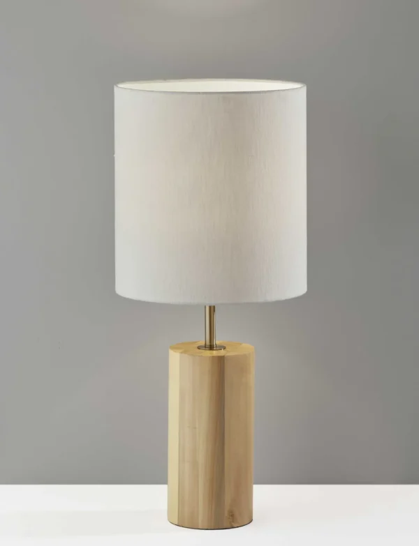 Elegant Natural Wood Circular Block Table Lamp with Antique Brass Finish and Fabric Shade - 30.5" Tall