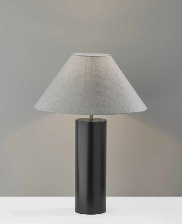 Chic Canopy Black Wood Block Table Lamp with Antique Brass and Textured Grey Shade - Modern Vintage Lighting