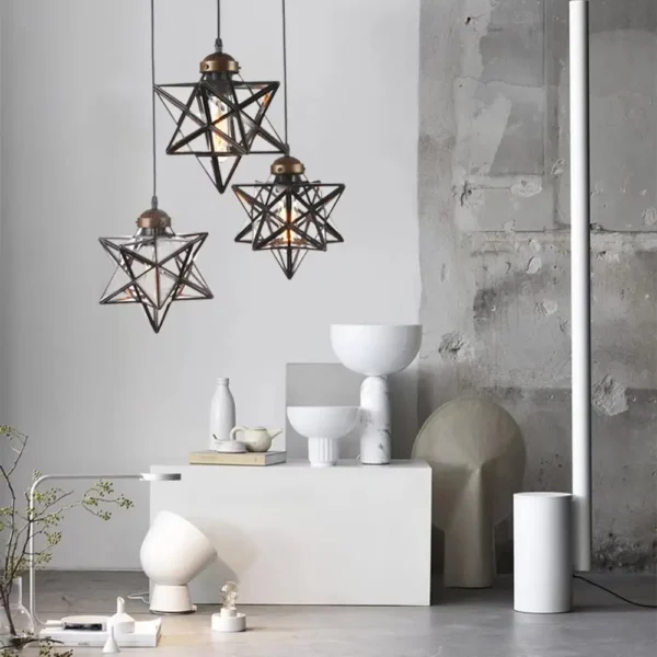 Elegant Brown Metal and Glass Star Geometric Hanging Lamp - Perfect for Living Room, Dining Room, Bedroom, and Study