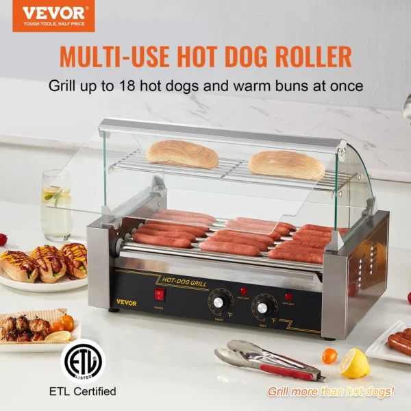 Stainless Steel Hot Dog Roller with 7 Rollers - 18 Hot Dog Capacity, 1050W Sausage Grill Cooker - Dual Temp Control, Glass Hood, ETL Certified