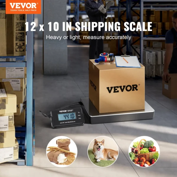 Vevor shipping scale measuring a package in warehouse.