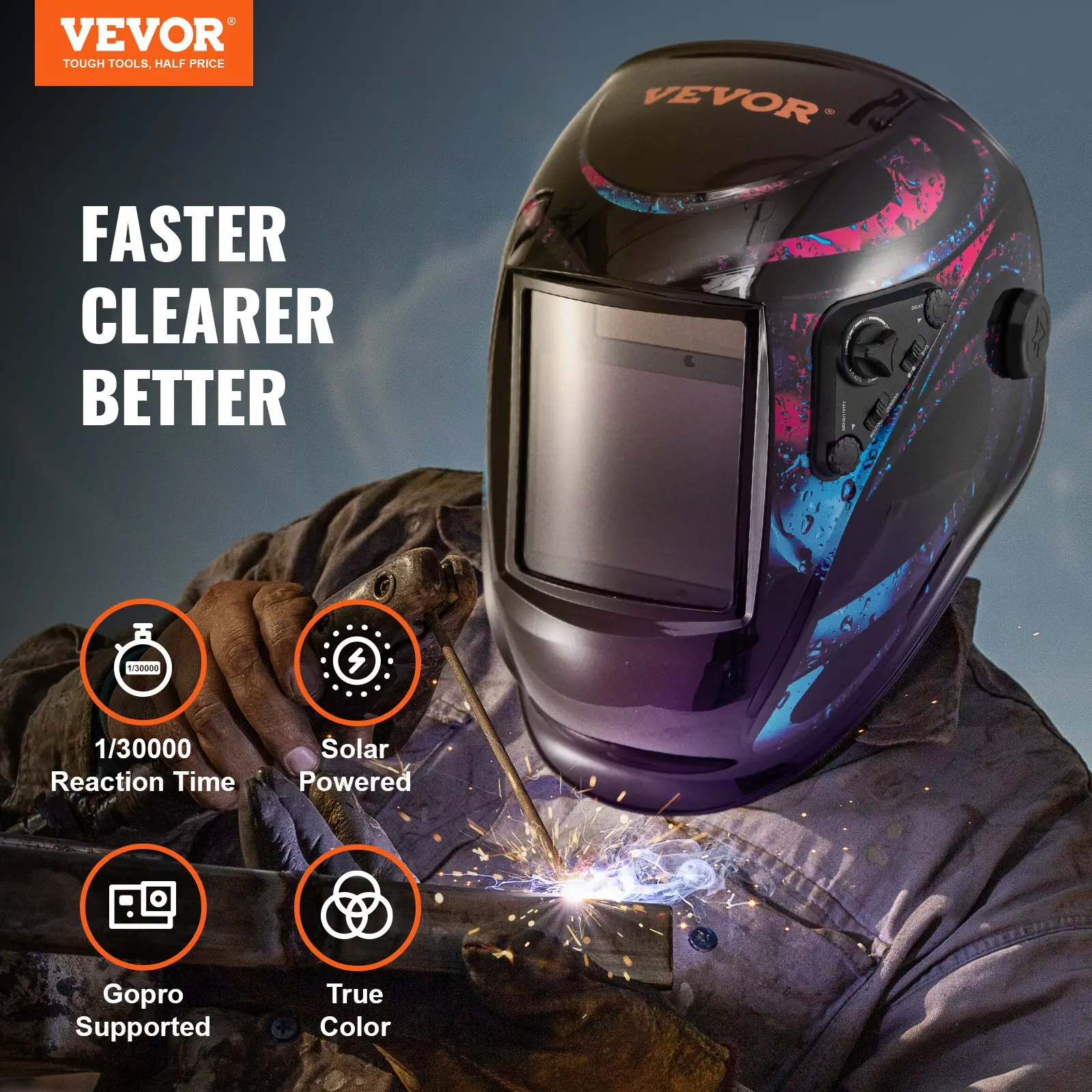 Vevor welding helmet advertisement with specifications.