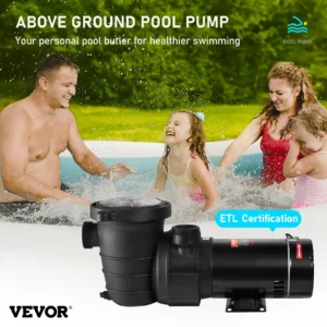 Above ground pool pump with family in background.