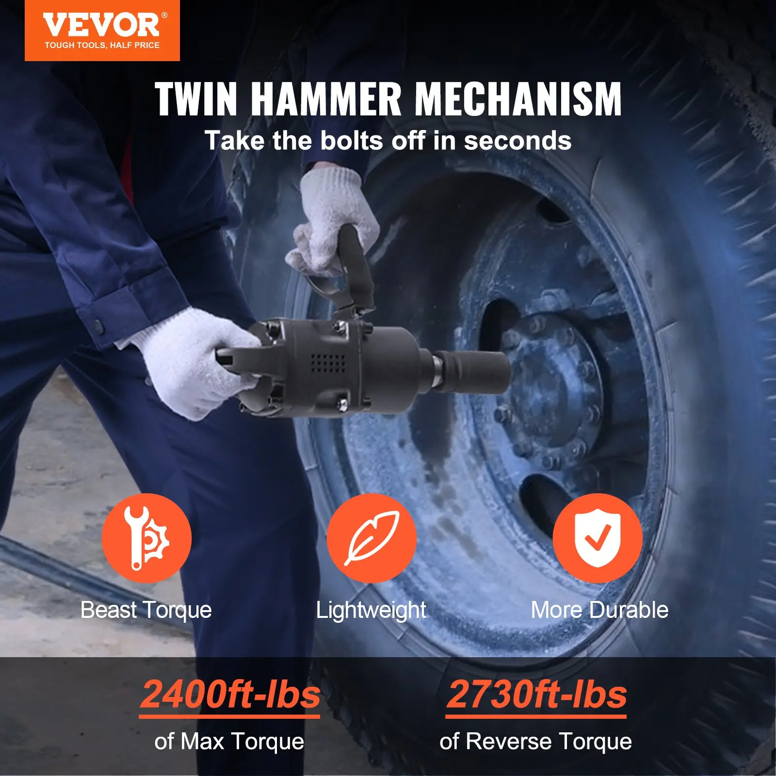 Twin hammer mechanism impact wrench in use on tire.