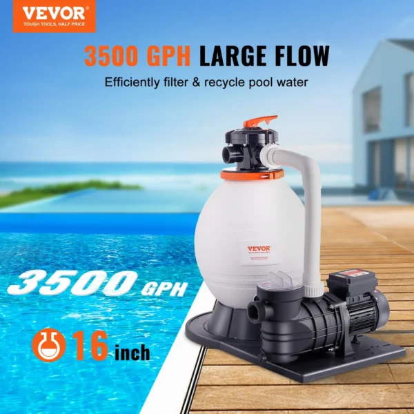 16-inch Sand Filter Pump for Above Ground Pools, 3500 GPH 1 HP Pool System with 6-Way Valve & Strainer Basket Ideal for Domestic & Commercial Pools