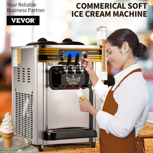 High-Yield Commercial Ice Cream Maker - 22-30L/H | 2350W Soft Serve Machine | 2x6L Hopper, LCD & Puffing Alarm - Silver