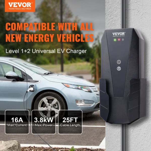 Level 1+2 Portable EV Charger, 16 Amp, 28-Foot Cable - Home EV Charging Station for SAE J1772 Electric Vehicles