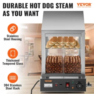 Hot dog steamer with stainless steel housing, glass front.