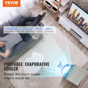 Portable evaporative cooler for comfortable room temperature.