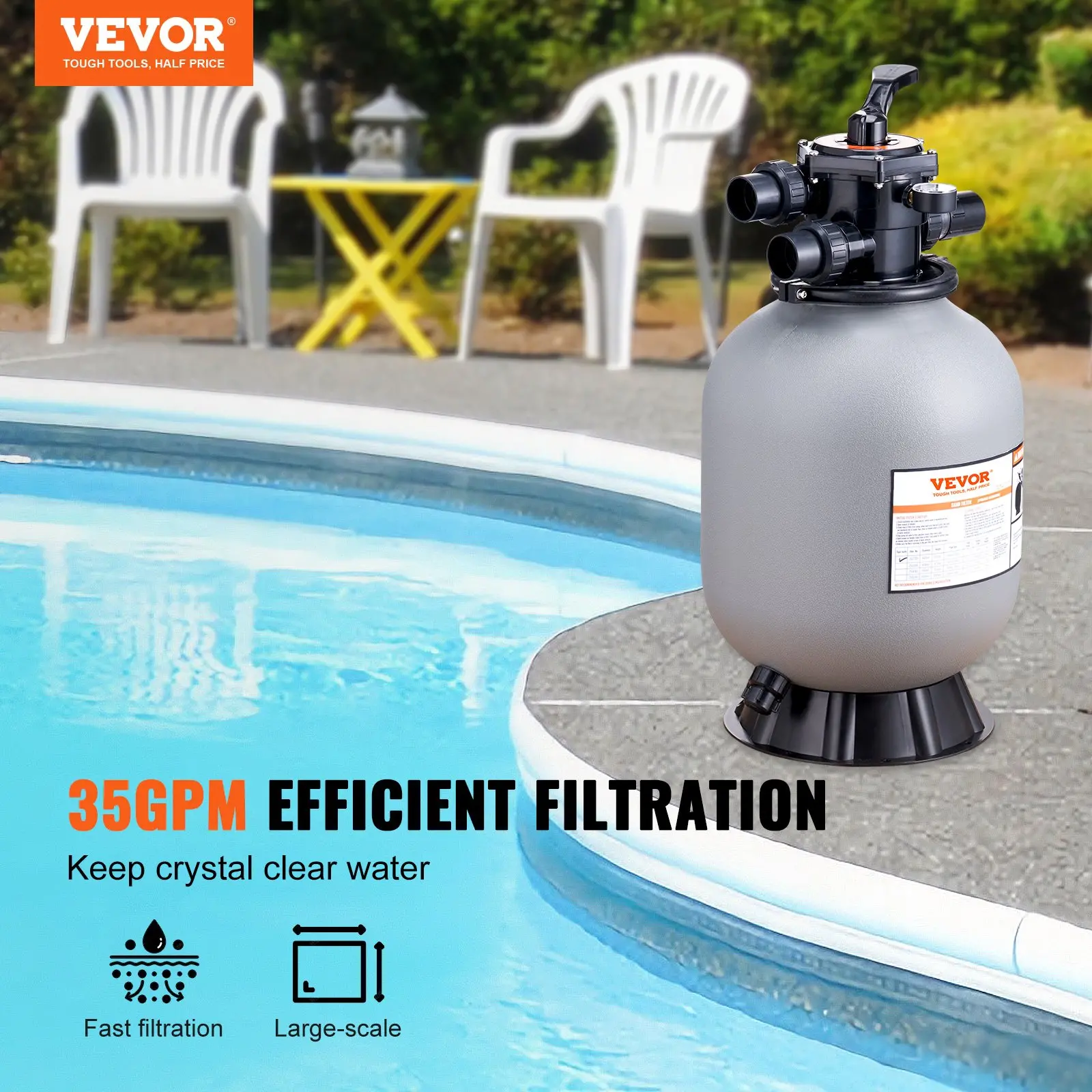 Vevor pool filter by a swimming pool.