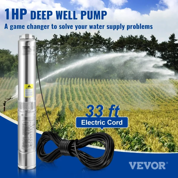 1HP Deep Well Submersible Pump, 230V, 37GPM, 207ft Head, Stainless Steel, IP68 Waterproof - Industrial, Irrigation & Home Use