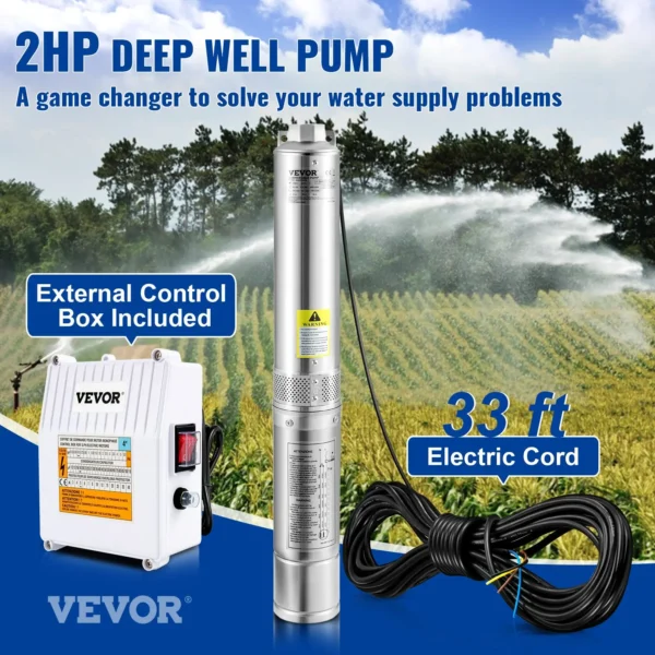 High-Performance Deep Well Submersible Pump, 2HP 230V, 37GPM 427 ft Head, with 33 ft Cord & External Control Box, 4-inch Stainless Steel Water Pump for Industrial, Irrigation, and Home Use - IP68 Waterproof