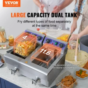 Large dual tank deep fryer, for diverse food frying.